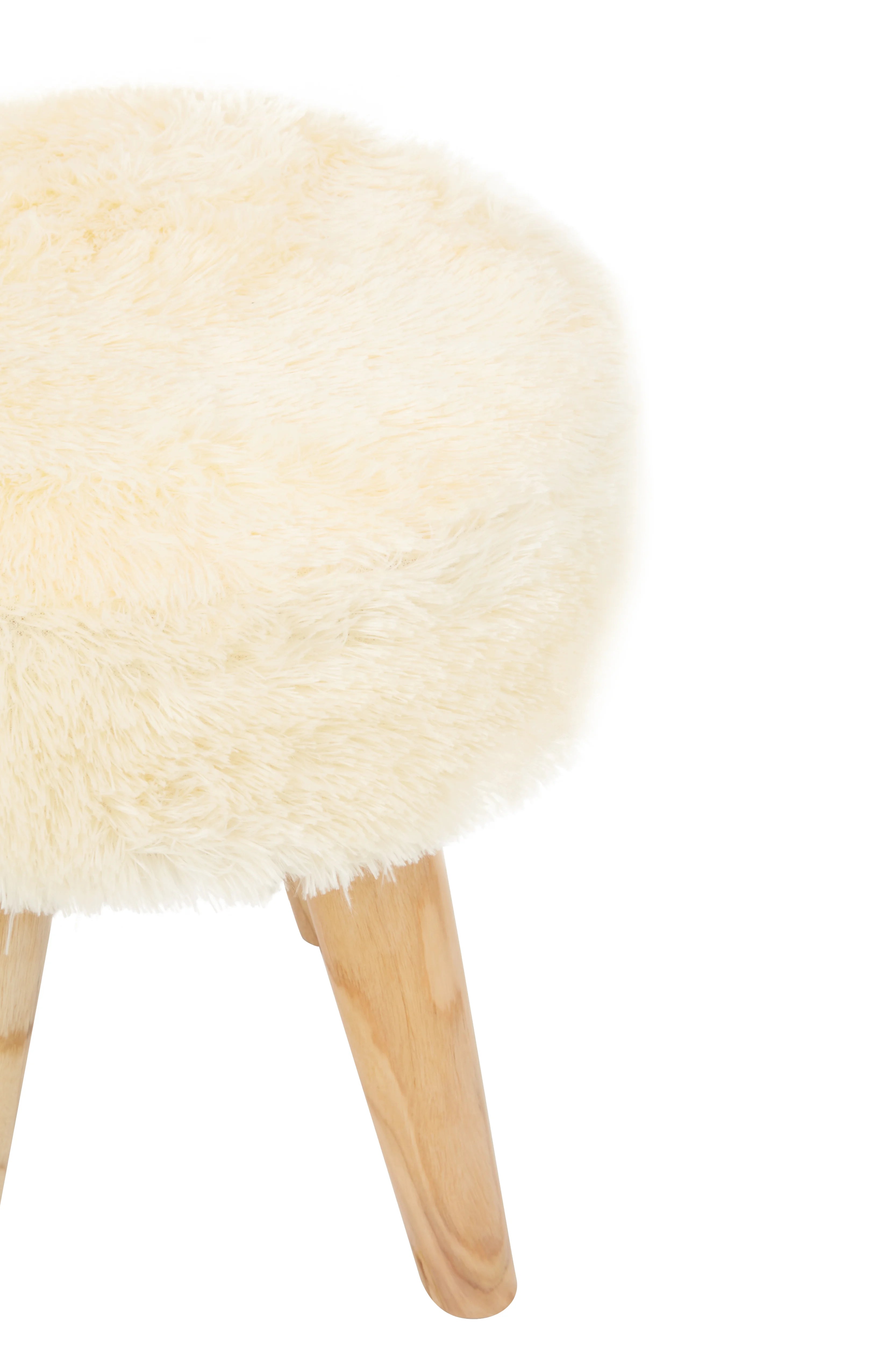 Fieldings Cream Faux Fur & Natural Teak Wood Stool